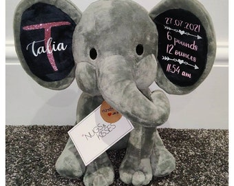 Personalised Elephant teddy/Birth stat elephant/New born gift/New born keepsake/birthday gift. Or personalise with your own choice of text.