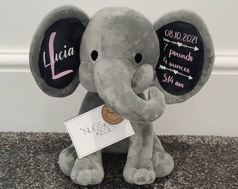 Personalised Elephant Teddy, Birth Stats Keepsake, New Baby Gift