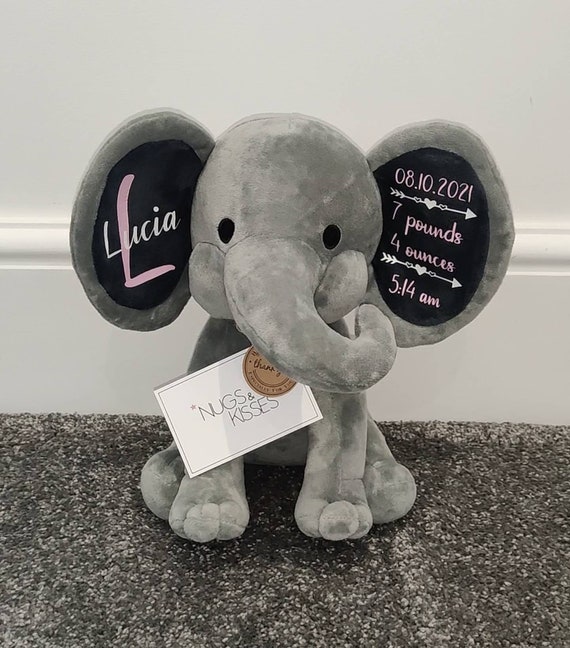 Personalised Elephant teddy/Birth stat elephant/New born gift/New born keepsake/birthday gift. Or personalise with your own choice of text.