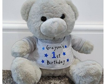 Personalised grey teddy bear. New born, Birthday, Father's day, Mother's day etc.