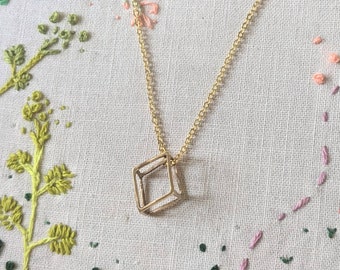 Handmade 3D CUBE Necklace -14k Rose Gold See-Through pendant on Gold-Plated Chain