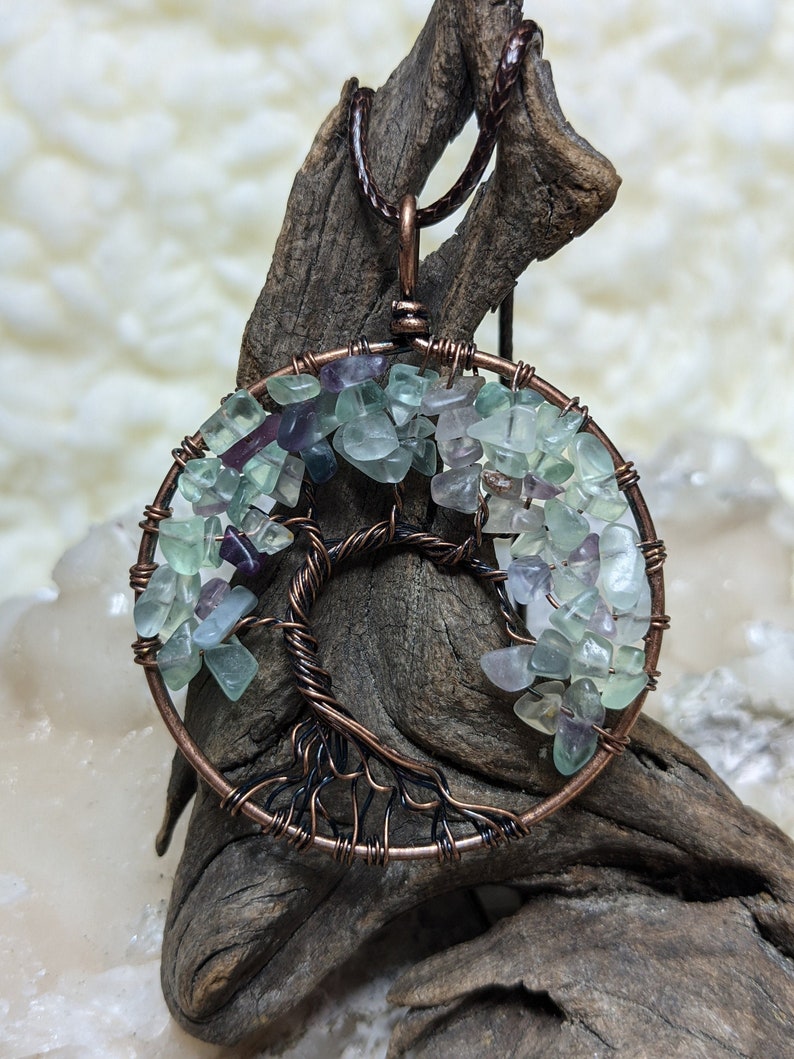 50x8mm Round Flourite Tree of Life Pendant with 24 Brown Cord Necklace