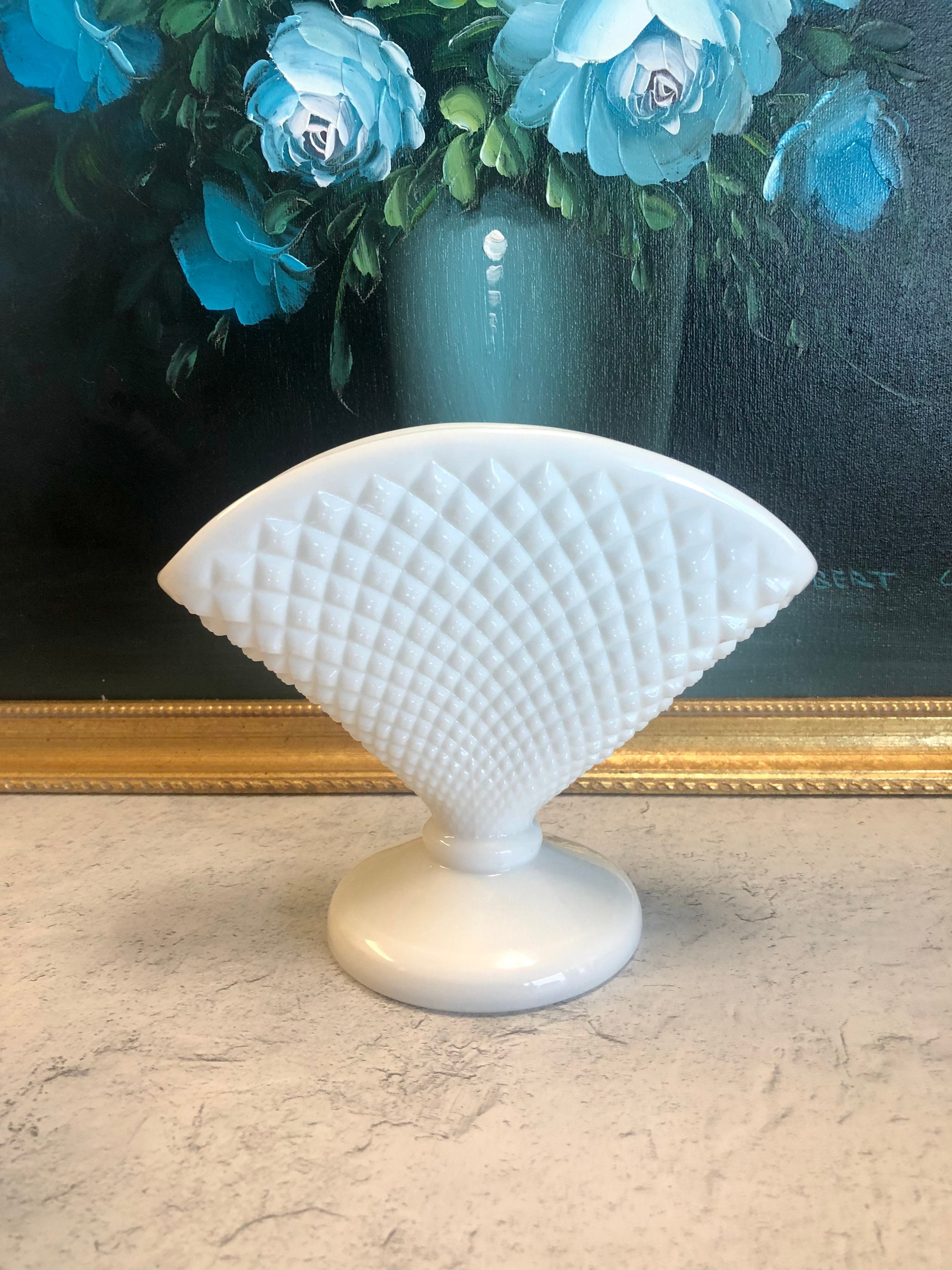 English Hobnail White Milk Glass Fan Vase Diamond Point Etsy