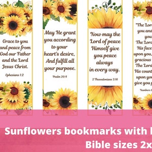 Marcadores de girasoles con bendiciones de versículos bíblicos en formato PDF, tarjetas cristianas imprimibles con textos florales para mujeres, etiquetas de regalo para esposas, mamás, amigas y hermanas