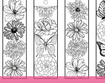 Floral Botanical Color Your Bookmarks Printable Flowers Butterflies Coloring PDF Page Download DIY Gift