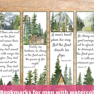 Bijbelvers bladwijzers christelijk vaderdagcadeau schrift tags aquarel bos berg afdrukbare kaarten retraite doop cadeau voor hem