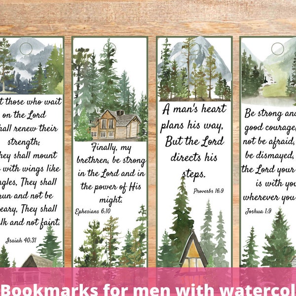 Printable Bible Verse Bookmarks for Men & Boys, Editable PDF, Christian Father's Day Scripture Gift, Watercolor Forest Cabin Mountains Cards