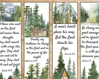 Printable Bible Verse Bookmarks for Men & Boys, Editable PDF, Christian Father's Day Scripture Gift, Watercolor Forest Cabin Mountains Cards