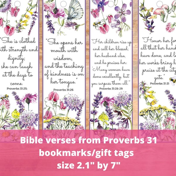 Proverbs 31 Woman Bible Verses Bookmarks with Field Wildflowers, Christian Godly Woman Cards, Wife Mom Friend Hang Gift Tag, Printable PDF