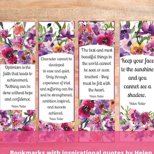 Helen Keller Inspiration Zitate Lesezeichen PDF, Ermutigende Blumenkarten für Frauen, Frau Mutter Freund Geschenkanhänger, Lila Aquarell Blumen