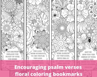 Floral Psalms Bible Verse Coloring Bookmarks, Scripture Christian Flowers Coloring PDF Page, Positive Relaxing Activity, Printable DIY Gift