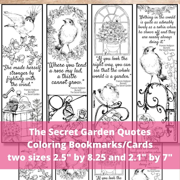 Secret Garden Quotes Coloring Bookmarks with Birds & Flowers, Literary DIY Gift, Novel Book Club Activity Cards,  Kids Party Favors Craft