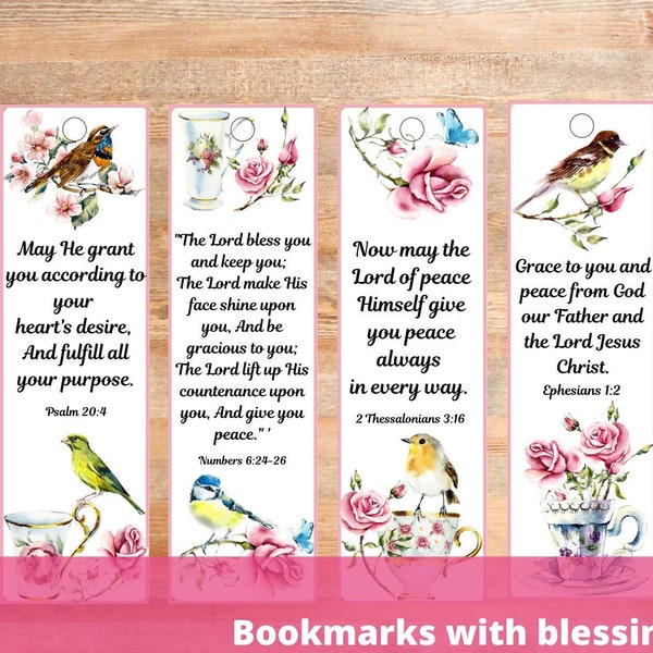 Birds & Blessings Bible Verse Bookmarks, Scripture Gift Tags Watercolor Painted Tea Cups Flowers Cards for Women and Girls, Party Favors PDF