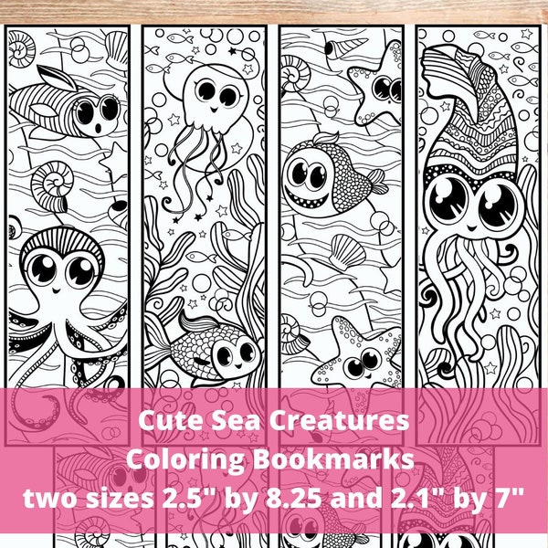 Cute Sea Ocean Creatures Kawaii Coloring Bookmarks for Kids & Adults, Doodle Sea Life Animals Fish Octopus Cards, Party Activity Craft PDF
