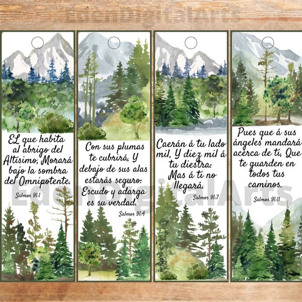 Spanish Language Psalm 91 Bookmarks Prayer of Protection, Printable Bible Verse Cards Christian Scripture Gift, Watercolor Nature, Espanol