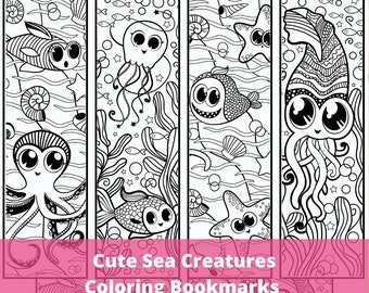 Cute Sea Ocean Creatures Kawaii Coloring Bookmarks for Kids & Adults, Doodle Sea Life Animals Fish Octopus Cards, Party Activity Craft PDF