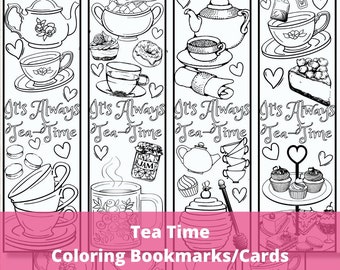 Tea Time Coloring Bookmarks Cards, Alice's Adventures Tea Party Favors, Relaxing Calming Classroom Book Club Activity Craft Page, Printable