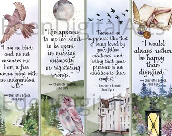 Jane Eyre Quotes Bookmarks Watercolor Charlotte Bronte Novel Fan Bookish Cards Gift Tags Book Club Favors Castle Aesthetic Printable PDF