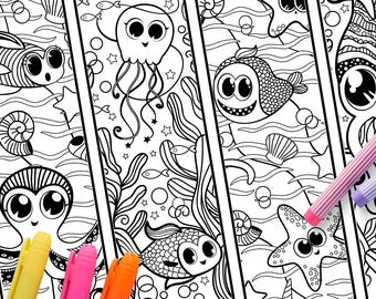 Schattige zeedieren, kawaii visjes om in te kleuren, boekenleggers voor kinderen, doodles van het leven in de oceaan, dieren, octopus, kaarten met een onderwaterthema, feestactiviteit, cadeautjes voor een feestje, knutselwerkje