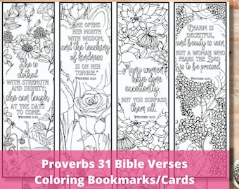 Proverbs 31 Coloring Bible Verse Bookmarks Cards, Scripture & Garden Flowers, Christian Relaxing Activity for Women Girls, Floral Gift Tags