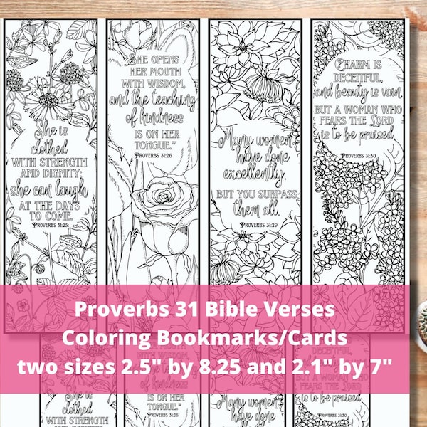 Proverbs 31 Coloring Bible Verse Bookmarks Cards, Scripture & Garden Flowers, Christian Relaxing Activity for Women Girls, Floral Gift Tags