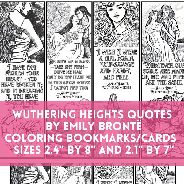 Wuthering Heights Quotes Coloring Bookmarks, Emily Bronte Book Club Relaxing Doodle Colouring Activity Cards, Craft, Literary DIY Gift PDF