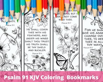 Psalm 91 KJV bijbelvers kleurplaat bladwijzers, vogels bloemen schrift, christelijke ontspannende activiteit voor kinderen tieners volwassenen, afdrukbare pdf