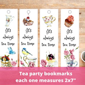 Marcapáginas de recuerdo para fiesta "Siempre es la hora del té", etiquetas de regalo para tazas de té con pájaros de acuarela, Alicia en el país de las maravillas, tarjetas para los amantes del té