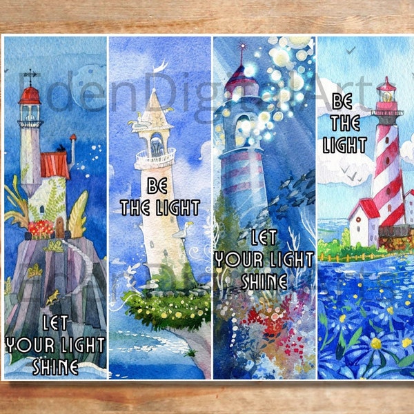 Watercolor Lighthouse Be the Light Bookmarks, Encouraging Christian Cards for Adults or Kids, Nautical Marine Blue Aesthetic Gift Tags PDF