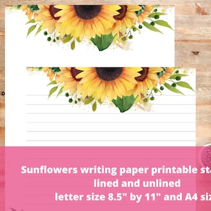Sonnenblumen Schreibpapier Printable Stationär Liniert und Blank, A4 & Letter 4 PDF Seiten, Journal Papier Handwerk Blätter, Brief oder Notizen Schreiben