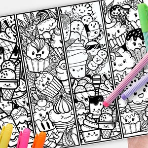 かわいいカップケーキの塗り絵ブックマーク（子供用印刷可能PDF）楽しいクラスアクティビティパーティーの記念品、リラックスできるクラフト、報酬カード、読書クラブの記念品