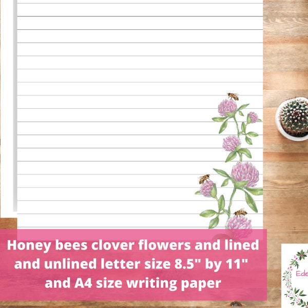 Clover Flowers and Bees Stationery Writing Paper Lined Unlined, A4 & Letter 4 Printable PDF Pages, Save the Bees Beekeeper Journal Notes