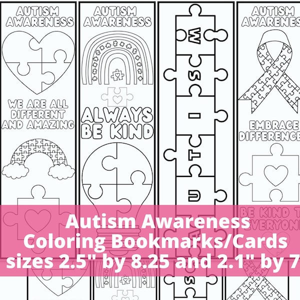 Autism Awareness Coloring Bookmarks for Kids, Acceptance & Understanding Kindness Cards Notes, Positive Relaxing Classroom Activity Craft