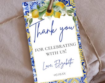 Amalfi Coast Favor Tag Template Editable Custom Gift Tag Italian Blue Tile Lemons Bridal Shower Thank You Hang Tag Mediterranean Capri PDF