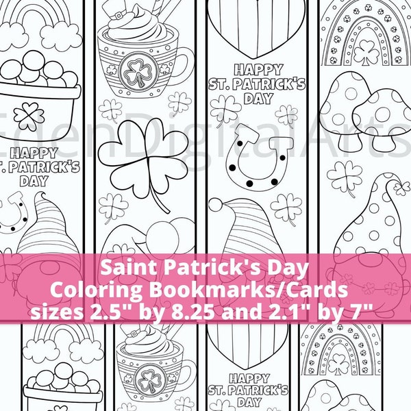Saint Patrick's Day Coloring Bookmarks or Cards, Irish Doodle Gnomes Shamrocks Relaxing Class Party Kids Craft, DIY Gift Tags, Printable PDF