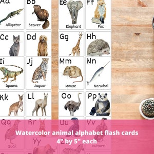 Watercolor Animal Alphabet Flashcards, Montessori Educational Printable PDF, Charlotte Mason Waldorf Homeschool Letters Flash Cards Toddler