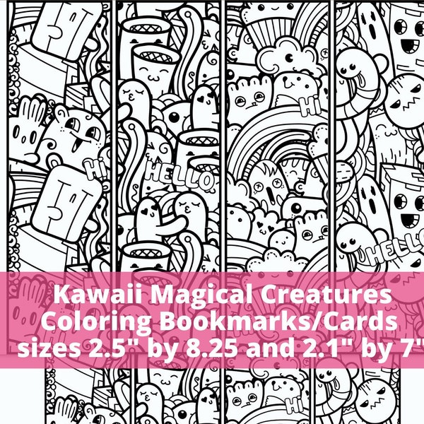Coloring Bookmarks for Kids or Adults with Cute Kawaii Doodle Magical Creatures, Doodling Zen Cards Relaxing Craft for Camp Class or Party
