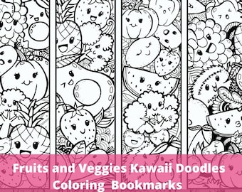 May include: Black and white printable coloring bookmark featuring cute kawaii doodles of fruits and vegetables. The bookmark is 2.5 inches by 8.25 inches or 2.1 inches by 7 inches.