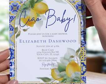 Italian Blue Tiles Lemons Ciao Baby Shower Invitation Template Citrus Invite Editable Amalfi Coast Capri Theme
