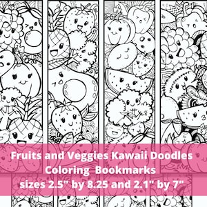 Marque-pages à colorier de fruits kawaii mignons pour enfants ou adultes, cartes de légumes et d'aliments sains, activité de fête relaxante positivité artisanat PDF imprimable