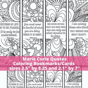 マリー・キュリーの名言ぬりえブックマーク、科学界の女性、クラスの落書きクラフトページ PDF、インスピレーションを与えるリラックスできるぬりえカードギフトタグ