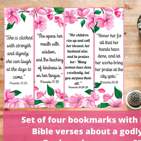 Proverbs 31 Mom Bible Verses Bookmarks PDF, Christian Godly Woman Cards, Wife Mom Friend Hang Gift Tag, Pink Watercolor Cherry Blossom