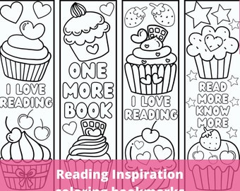 Cupcakes Reading Coloring Bookmarks for Kids, Classroom Students Homeschool Activity Craft Page PDF, I Love Reading Motivation & Desserts