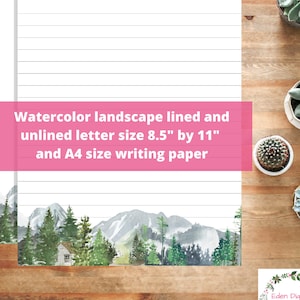 Papelería de bosque y montaña Papel de escribir Rayado Sin rayar A4 y Carta 4 PDF imprimible Páginas de acuarela Diario o notas Papel de árboles de la naturaleza