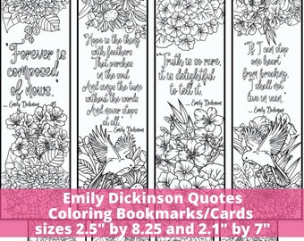 Emily Dickinson Quotes Coloring Bookmarks, Literary DIY Gift Tags Cards, Women's History Book Club Activity Craft PDF, Inspirational Classic