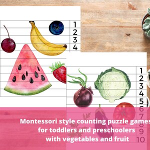 Puzzelspel tellen Montessori Homeschool Educatieve kaarten PDF Aquarel Fruit Groenten Leuke telactiviteit Voorschoolse getallenspel