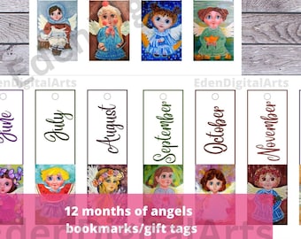 12 Cute Birth Month Birthday Angel Bookmarks Gift Tags, One for Each Month Year Protection & Blessing, Printable Party Favors