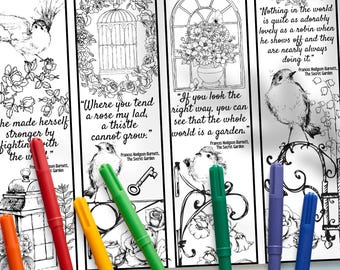 Kleurplaten met citaten uit Secret Garden, vogels en bloemen, cadeaulabels, doe-het-zelf cadeaus, boekenclubactiviteit, klassenactiviteit, kinderfeestje traktaties, knutselwerkjes