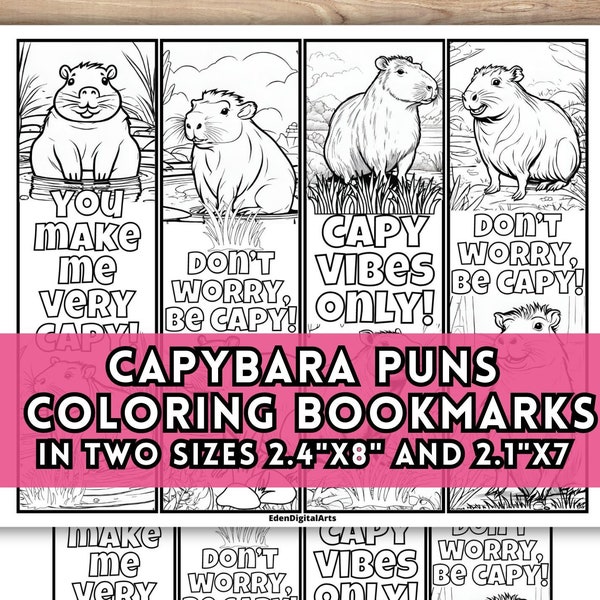 Cute Capybara Pun Bookmarks to Color, Kids Party Favors Classroom Friendship Craft, Kindness Coloring DIY Cards Gift Tags