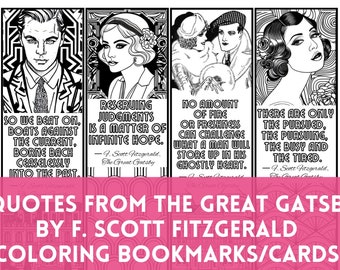 Great Gatsby F S Fitzgerald Quotes Coloring Bookmarks Book Club Keepsake Craft Classroom Party Favors Relaxing Activity DIY Cards